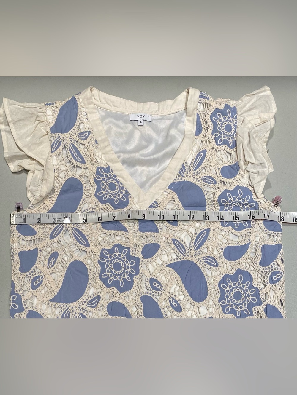 VOY Slate Blue Knit Fit and Flare Dress Cream Lace Crochet Overlay, Size L - Picture 5 of 8